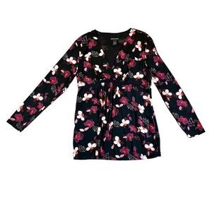 New York & Company Floral V-neck Pleated Long Sleeve Blouse XL